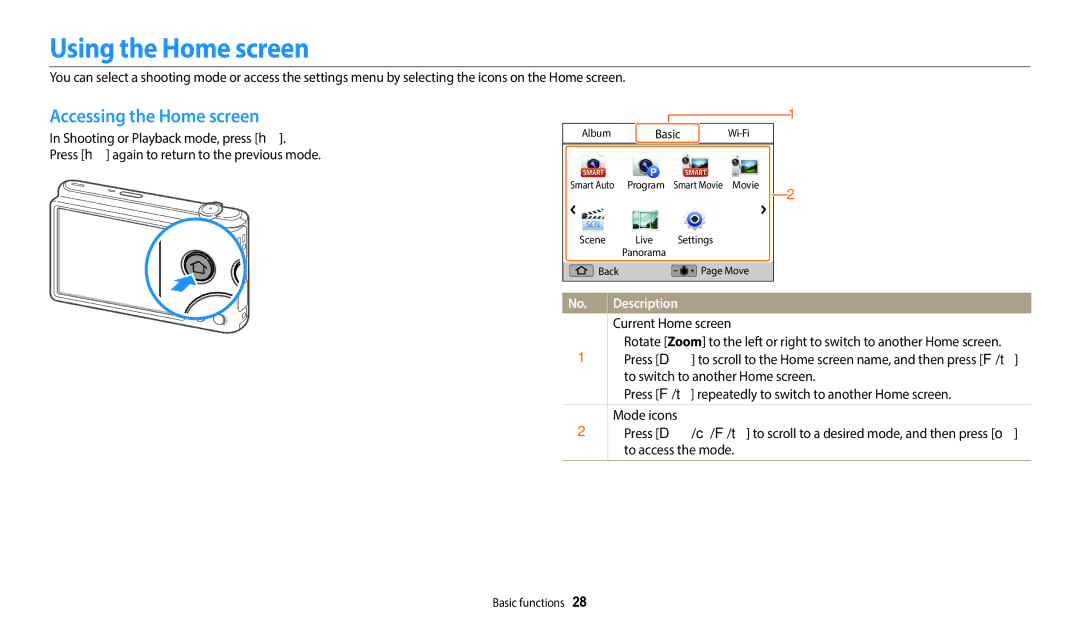 Samsung ST151F, ST73, ST72, ST152F Using the Home screen, Accessing the Home screen, Shooting or Playback mode, press h 