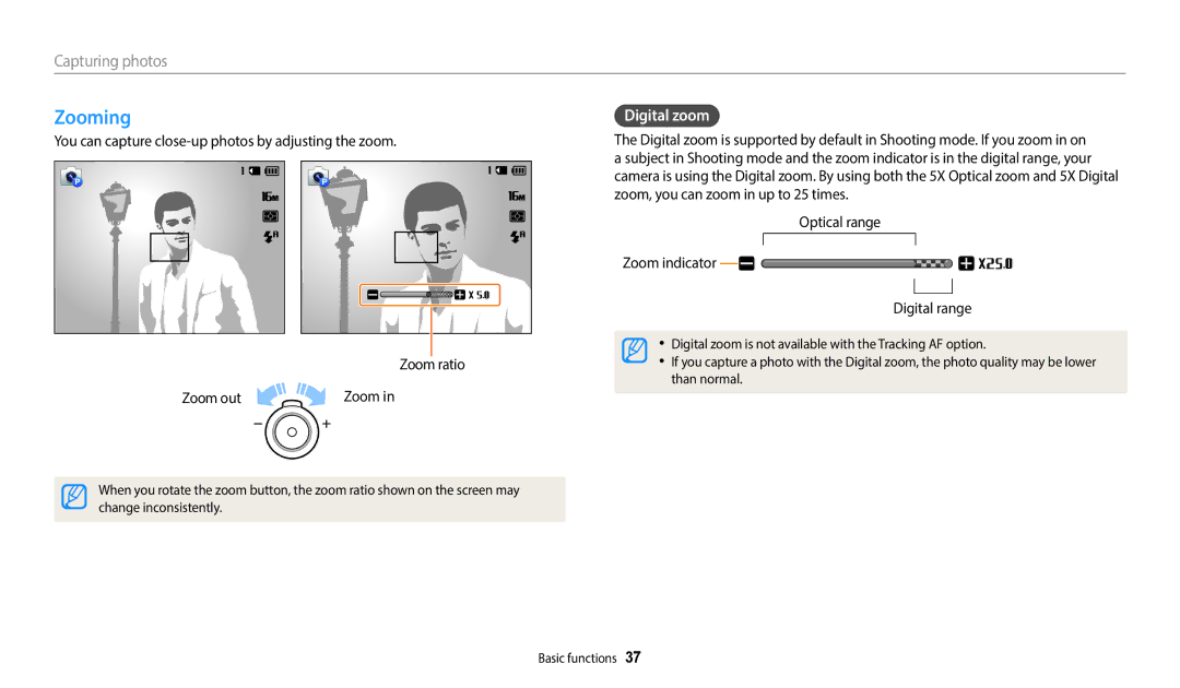 Samsung ST150F, ST73, ST72, ST152F, ST151F user manual Zooming, Digital zoom 