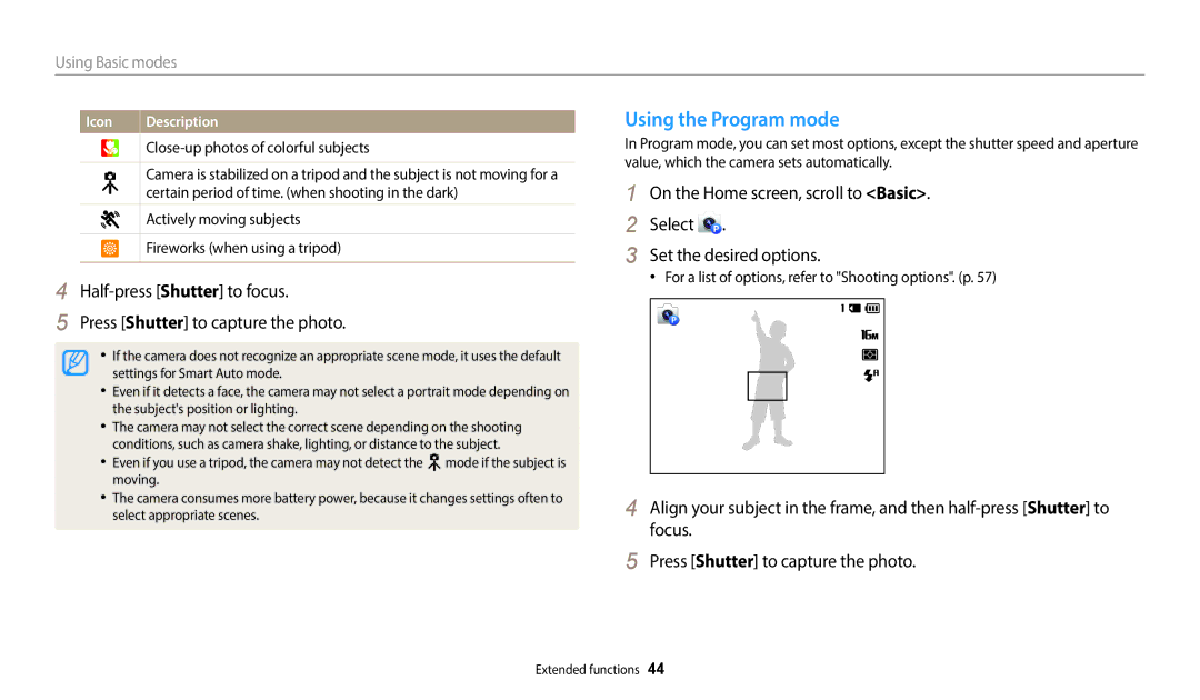 Samsung ST73, ST72, ST152F, ST150F, ST151F user manual Using the Program mode 