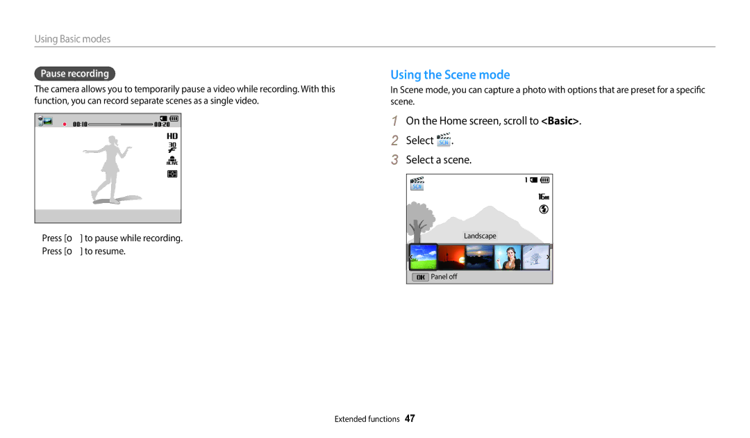 Samsung ST150F, ST73, ST72 Using the Scene mode, On the Home screen, scroll to Basic Select Select a scene, Pause recording 