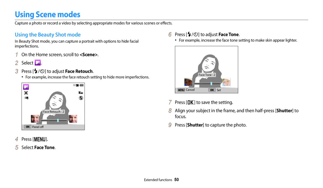 Samsung ST72, ST73, ST152F Using Scene modes, Using the Beauty Shot mode, Select Face Tone, Press F/t to adjust Face Tone 