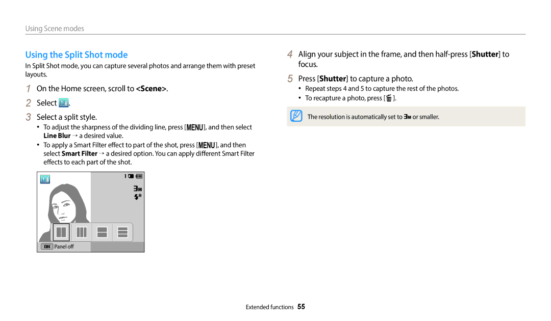 Samsung ST72, ST73, ST152F, ST150F, ST151F user manual Using the Split Shot mode 