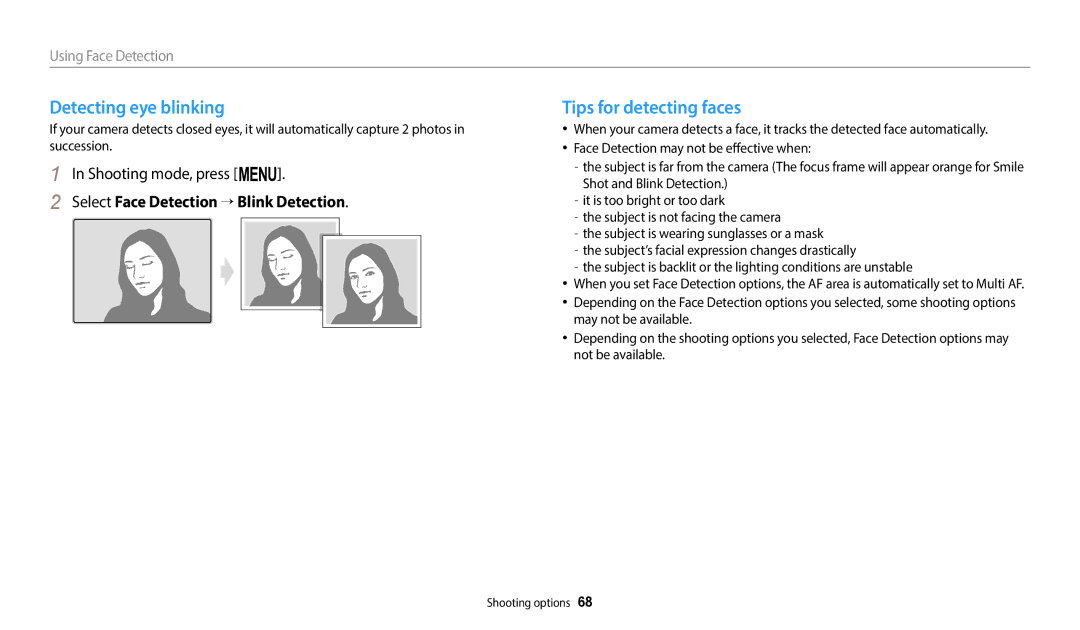 Samsung ST151F, ST73, ST72, ST152F Detecting eye blinking, Tips for detecting faces, Select Face Detection → Blink Detection 