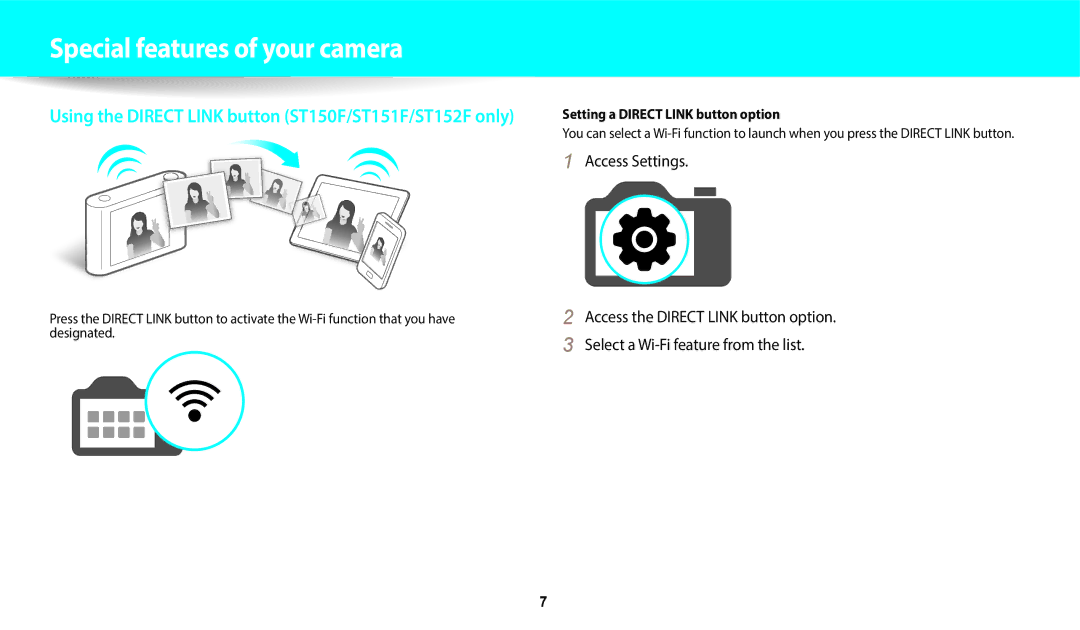 Samsung ST150F, ST73, ST72, ST152F, ST151F user manual Special features of your camera, Setting a Direct Link button option 