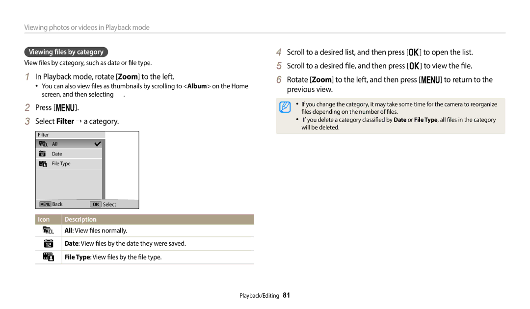 Samsung ST152F, ST73 Playback mode, rotate Zoom to the left, Press m Select Filter → a category, Viewing files by category 