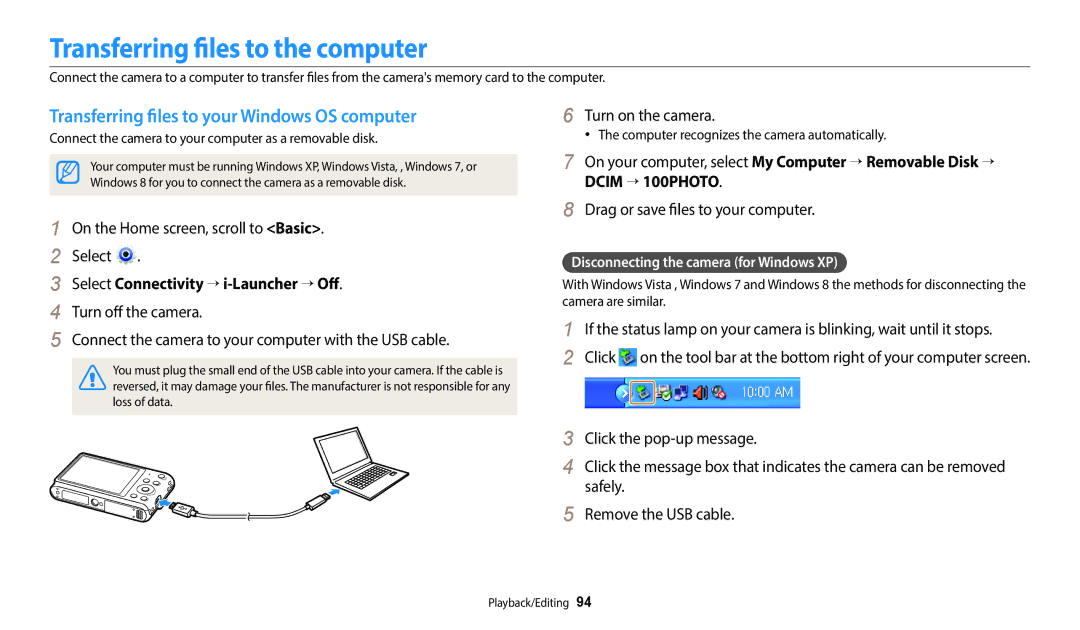 Samsung ST73, ST72 Transferring files to the computer, Transferring files to your Windows OS computer, Turn on the camera 