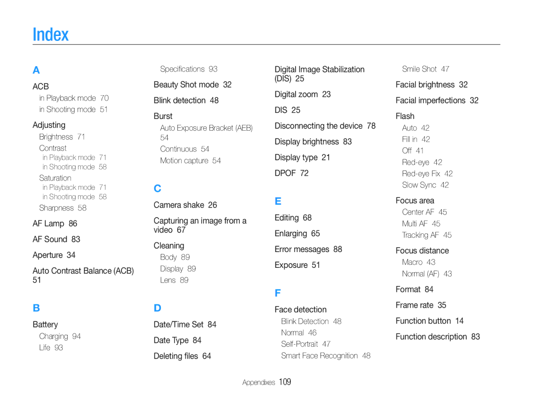 Samsung EC-ST90ZZBPUUS, EC-ST90ZZBPSUS user manual Index 