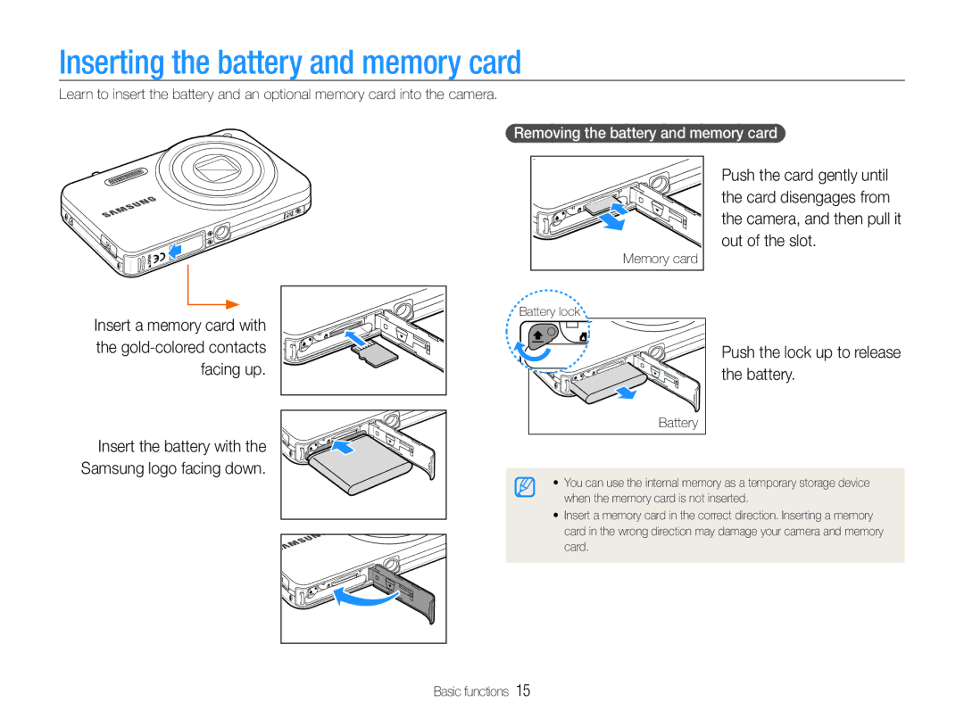 Samsung EC-ST90ZZBPSUS, EC-ST90ZZBPUUS Inserting the battery and memory card, Push the lock up to release the battery 