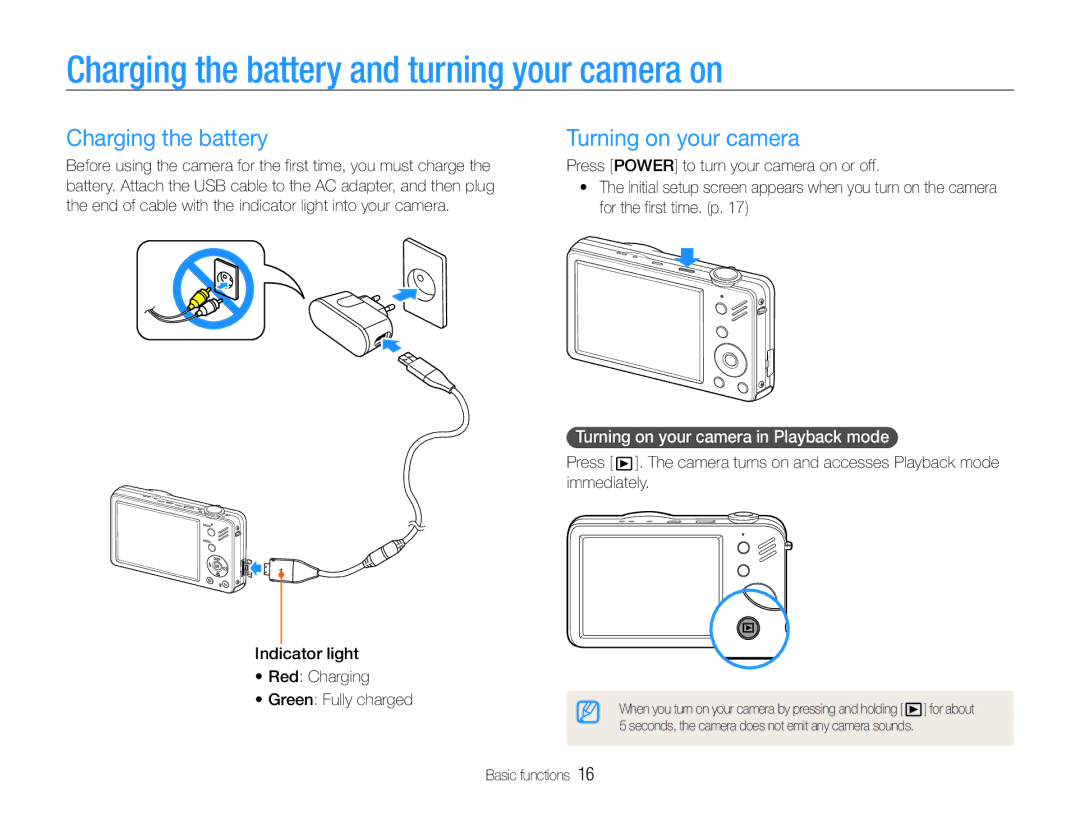 Samsung EC-ST90ZZBPUUS, EC-ST90ZZBPSUS user manual Charging the battery and turning your camera on, Turning on your camera 