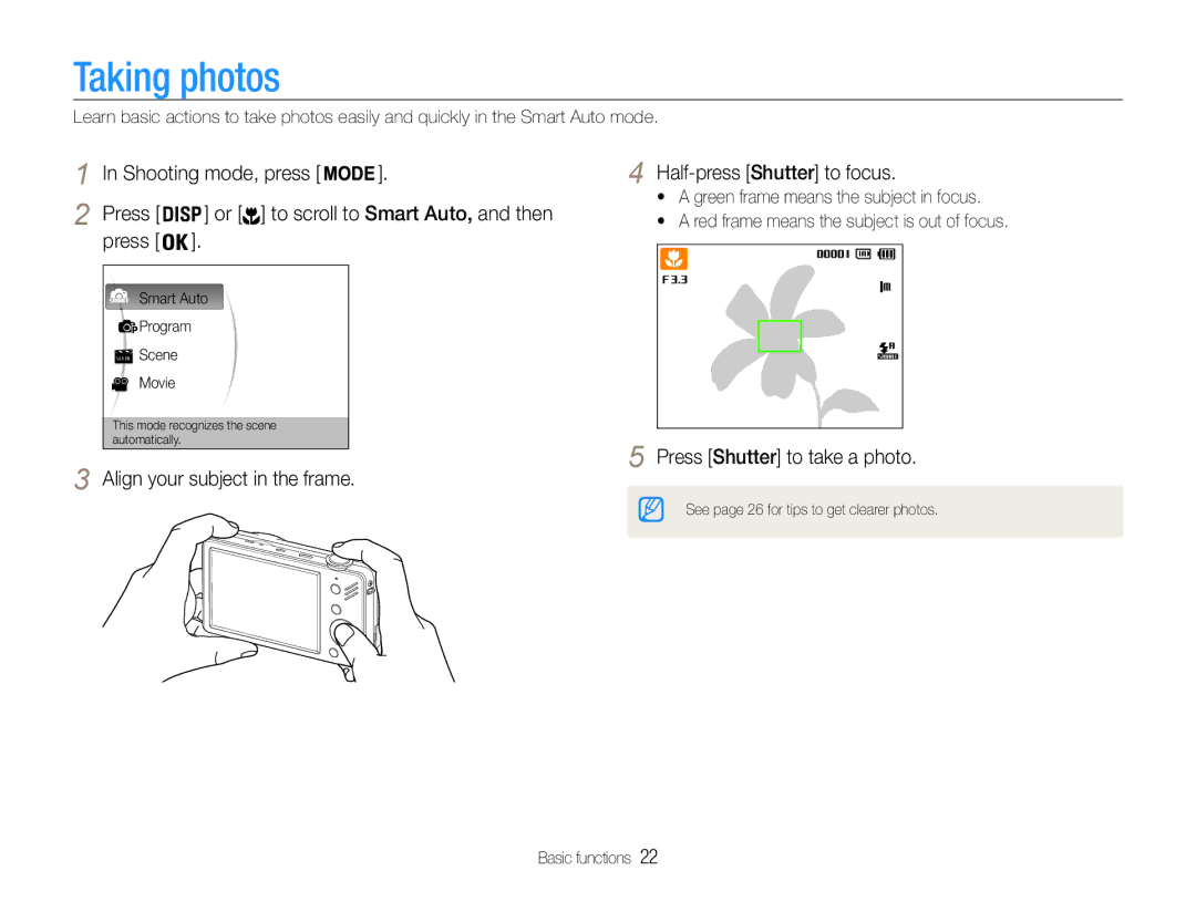 Samsung EC-ST90ZZBPUUS, EC-ST90ZZBPSUS Taking photos, Align your subject in the frame Half-press Shutter to focus 