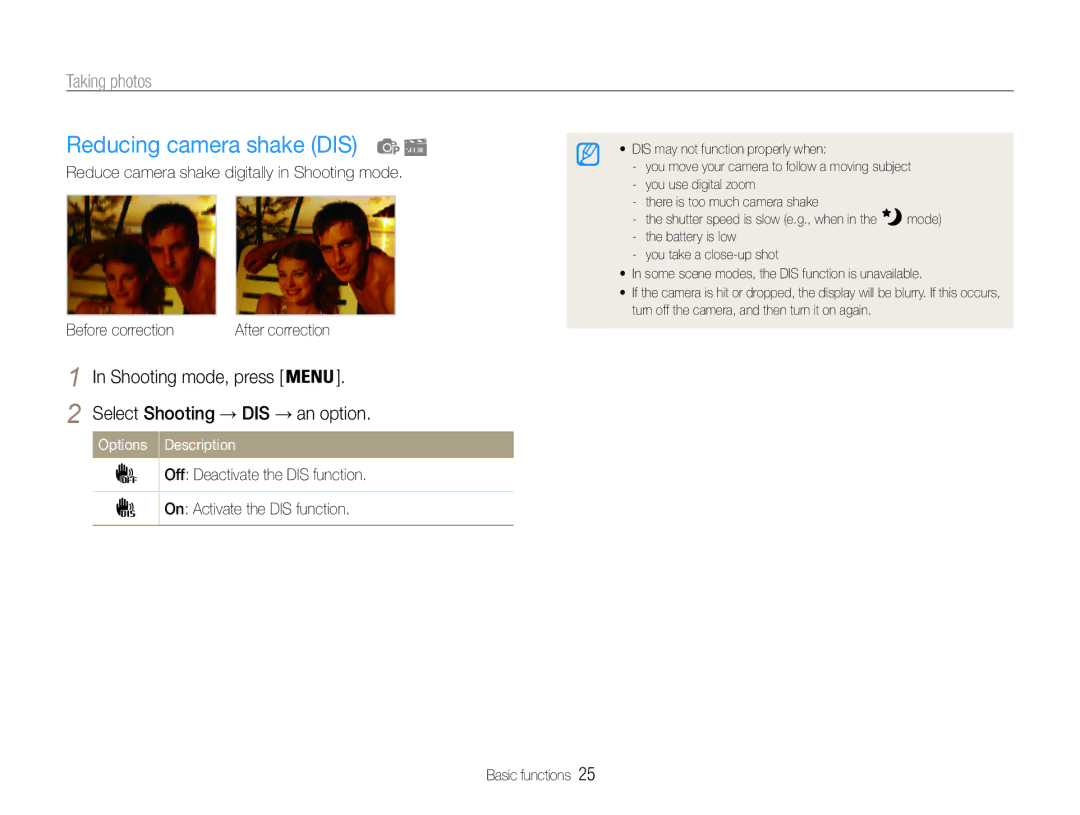 Samsung EC-ST90ZZBPUUS, EC-ST90ZZBPSUS user manual Reducing camera shake DIS, Select Shooting → DIS → an option 