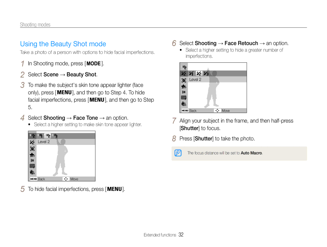 Samsung ST90 Using the Beauty Shot mode, Only, press, Facial imperfections, press, Select Shooting → Face Tone → an option 