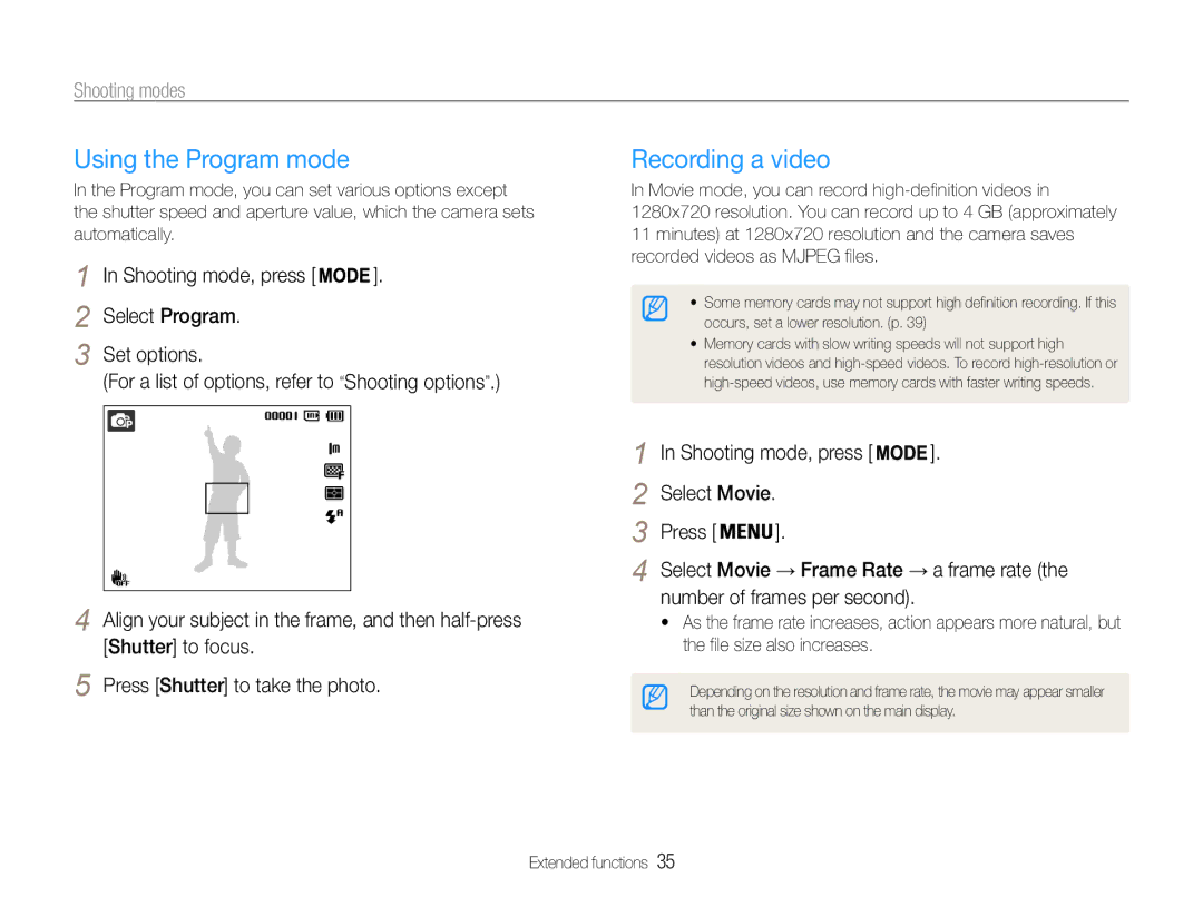 Samsung EC-ST90ZZBPSUS Using the Program mode, Recording a video, Shooting mode, press Select Program Set options 