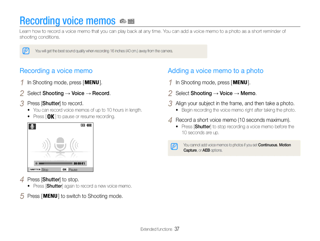 Samsung EC-ST90ZZBPUUS, EC-ST90ZZBPSUS Recording voice memos, Recording a voice memo, Adding a voice memo to a photo 