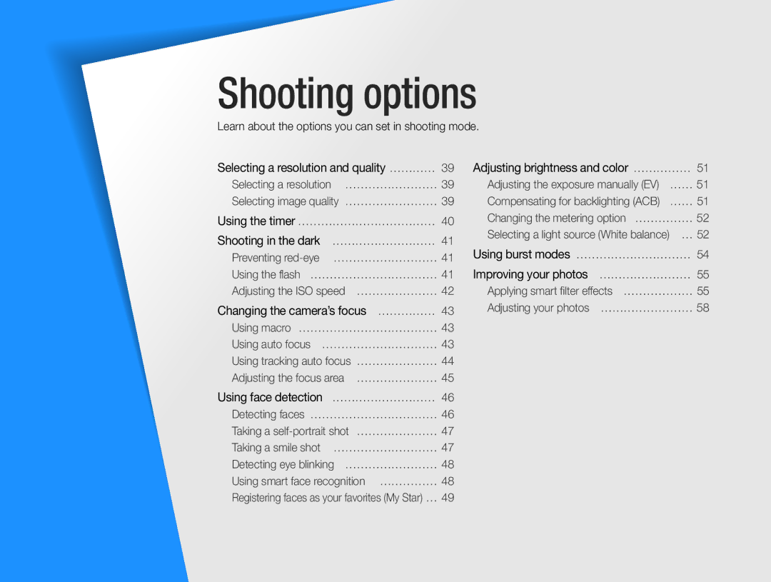 Samsung ST90 Adjusting brightness and color ………………, Improving your photos … ……………………, Changing the camera’s focus … …………… 