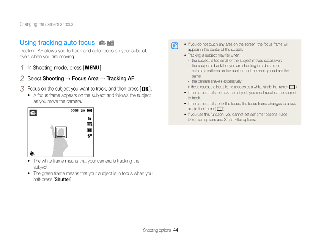 Samsung EC-ST90ZZBPSUS, EC-ST90ZZBPUUS user manual Using tracking auto focus, Changing the camera’s focus 