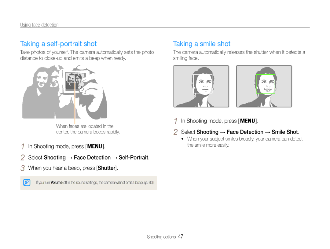 Samsung ST90 Taking a self-portrait shot, Taking a smile shot, Using face detection, When you hear a beep, press Shutter 