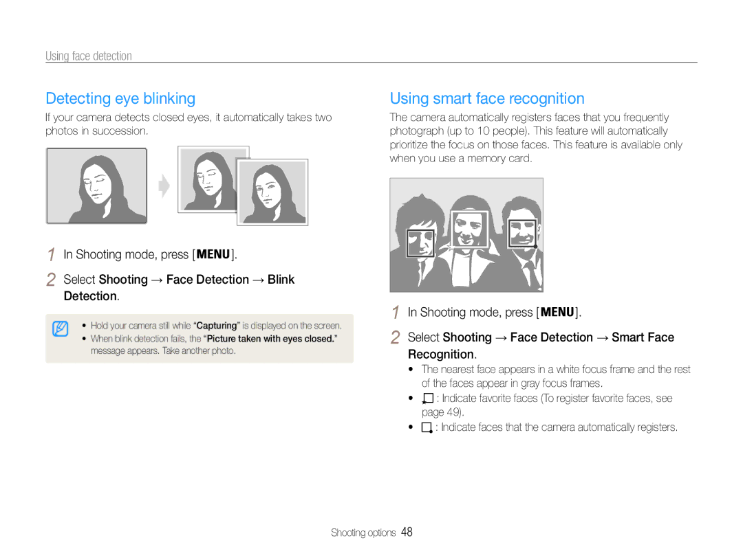 Samsung EC-ST90ZZBPSUS, EC-ST90ZZBPUUS Detecting eye blinking, Using smart face recognition, Detection, Recognition 