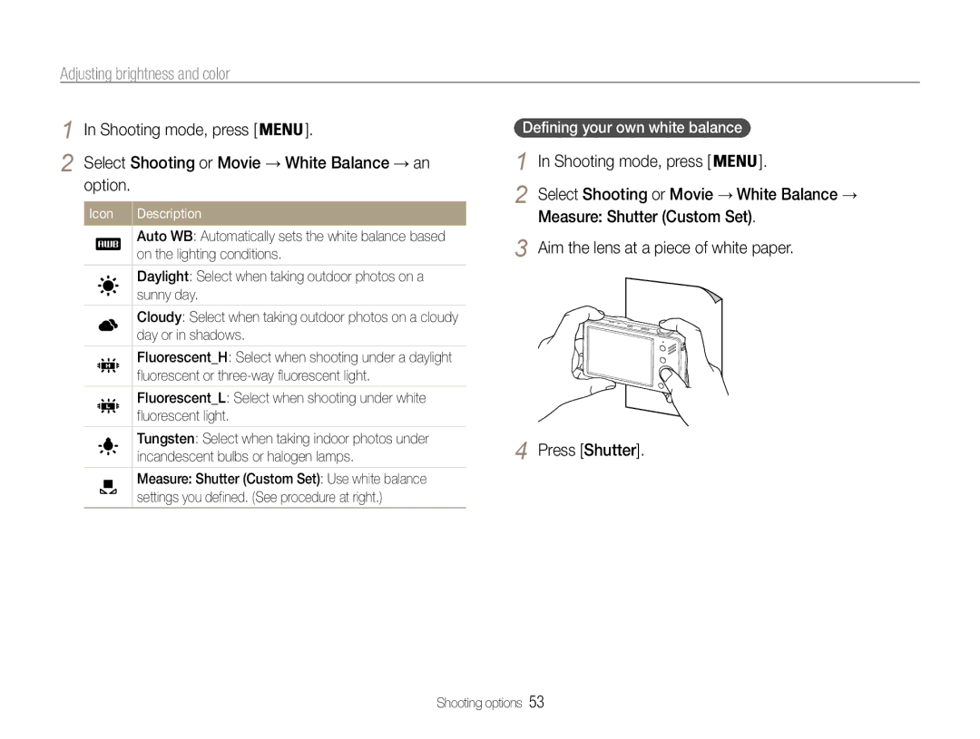 Samsung ST90 user manual Option, Aim the lens at a piece of white paper, Press Shutter, Defining your own white balance 