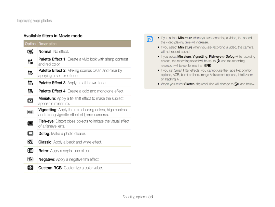 Samsung EC-ST90ZZBPSUS, EC-ST90ZZBPUUS user manual Improving your photos, Available filters in Movie mode 