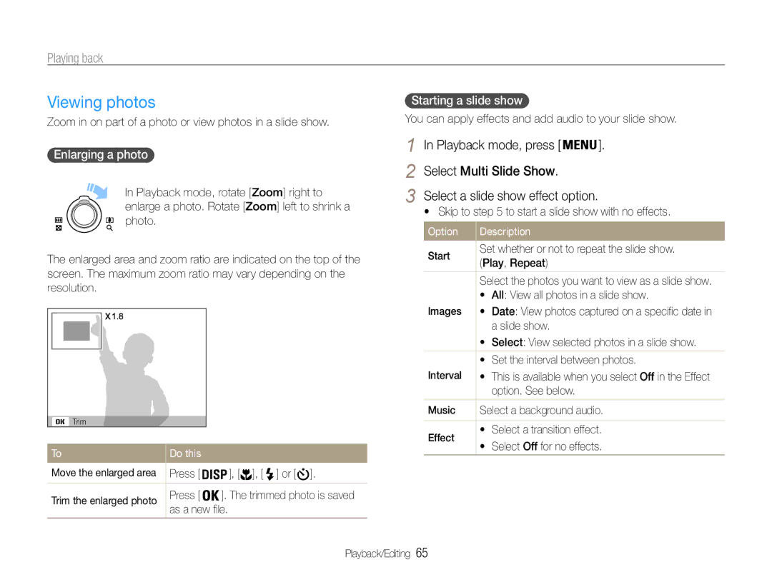 Samsung ST90 Viewing photos, Starting a slide show, Enlarging a photo, Skip to to start a slide show with no effects 