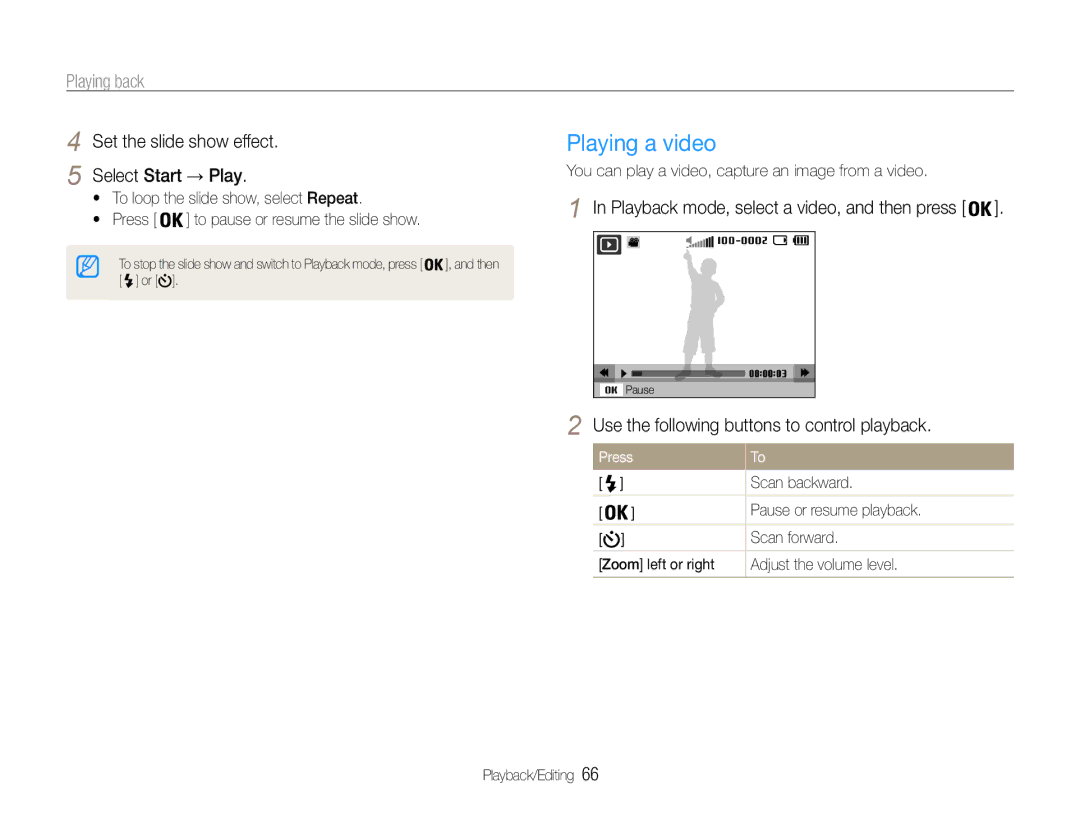 Samsung EC-ST90ZZBPSUS, EC-ST90ZZBPUUS user manual Playing a video, Set the slide show effect, Select Start → Play 