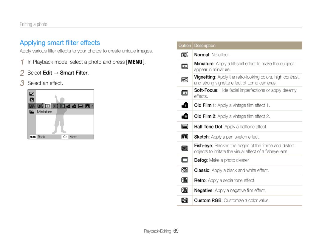 Samsung EC-ST90ZZBPSUS, EC-ST90ZZBPUUS user manual Editing a photo, Select Edit → Smart Filter Select an effect 