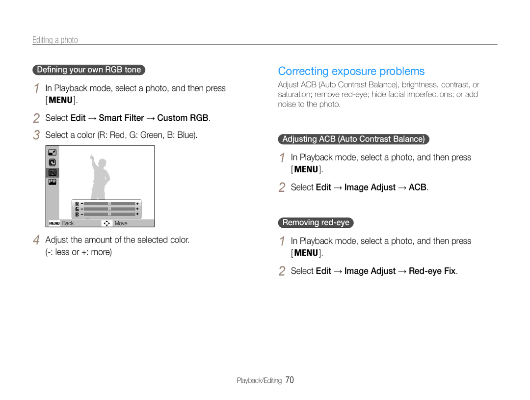 Samsung EC-ST90ZZBPUUS user manual Correcting exposure problems, Adjust the amount of the selected color. less or + more 