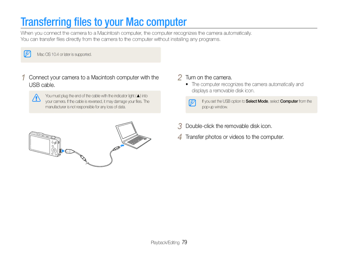 Samsung EC-ST90ZZBPUUS, EC-ST90ZZBPSUS user manual Transferring files to your Mac computer 