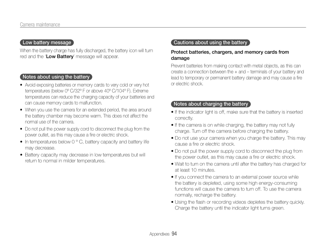 Samsung EC-ST90ZZBPUUS, EC-ST90ZZBPSUS user manual Low battery message 