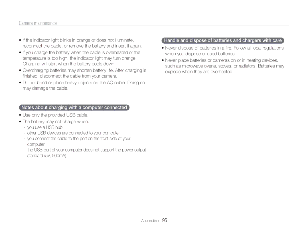 Samsung EC-ST90ZZBPSUS, EC-ST90ZZBPUUS user manual Handle and dispose of batteries and chargers with care 