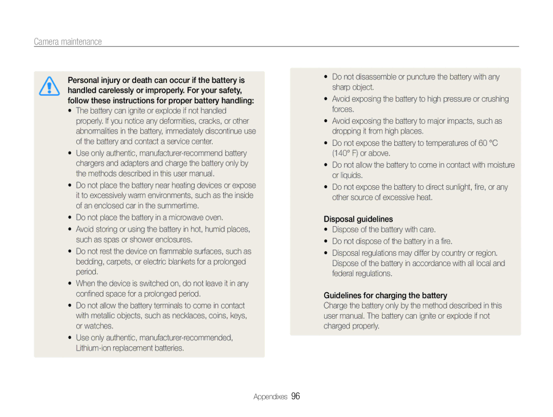 Samsung EC-ST90ZZBPSUS, EC-ST90ZZBPUUS user manual Camera maintenance 