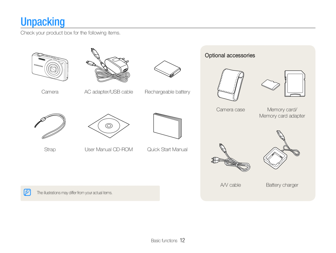 Samsung EC-ST90ZZBPSUS, EC-ST90ZZBPUUS user manual Unpacking, Optional accessories 