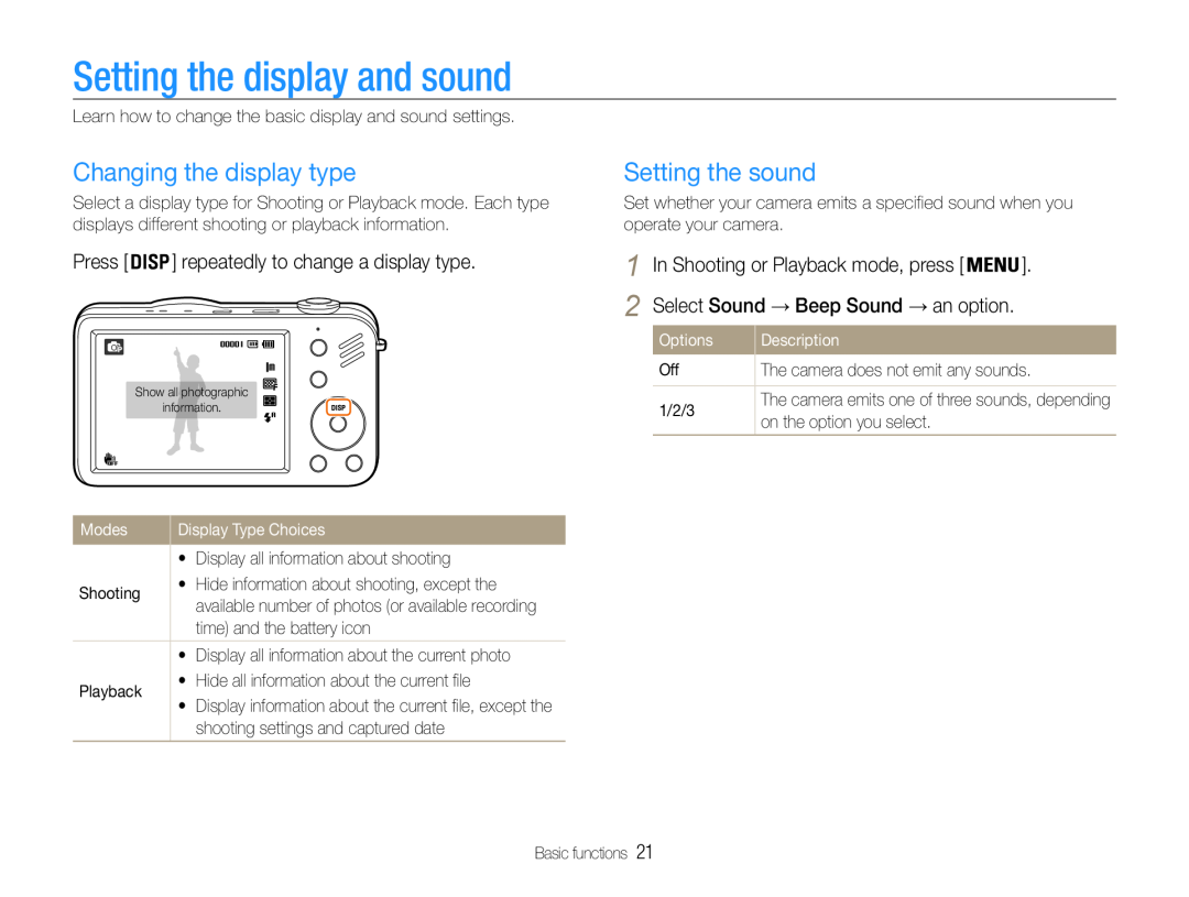 Samsung EC-ST90ZZBPSUS Setting the display and sound, Changing the display type, Setting the sound, Modes, Options 