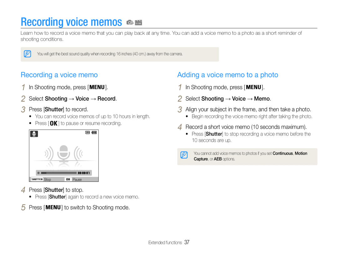 Samsung EC-ST90ZZBPUUS user manual Recording voice memos, Recording a voice memo, Adding a voice memo to a photo, Press 