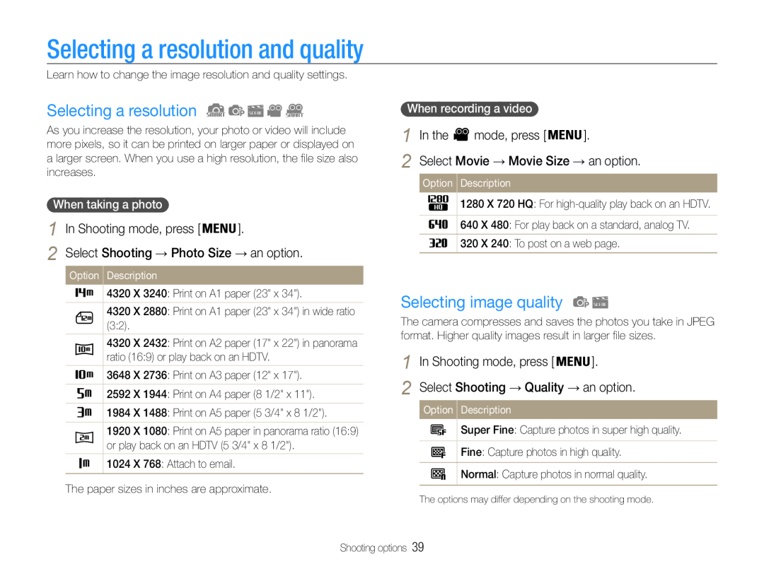 Samsung EC-ST90ZZBPSUS user manual Selecting a resolution and quality, Selecting image quality, In the, mode, press, Option 
