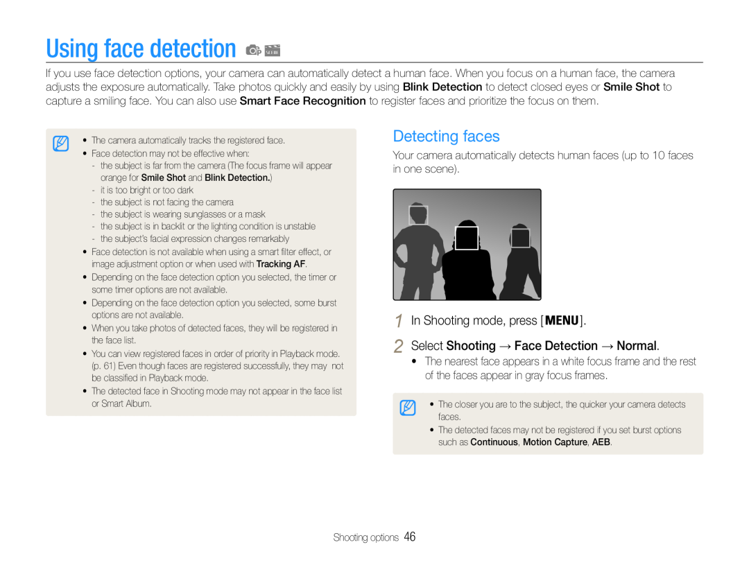 Samsung EC-ST90ZZBPUUS, EC-ST90ZZBPSUS user manual Using face detection, Detecting faces, In Shooting mode, press 