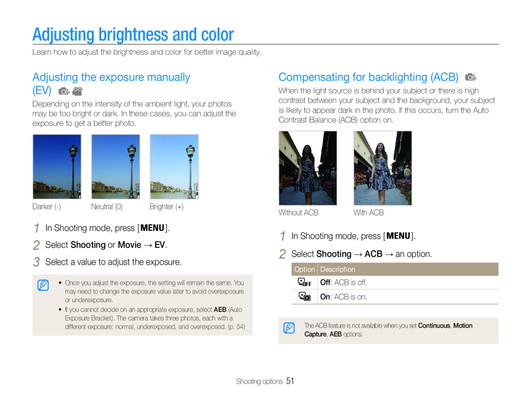 Samsung EC-ST90ZZBPSUS Adjusting brightness and color, Adjusting the exposure manually EV, Select Shooting or Movie → EV 