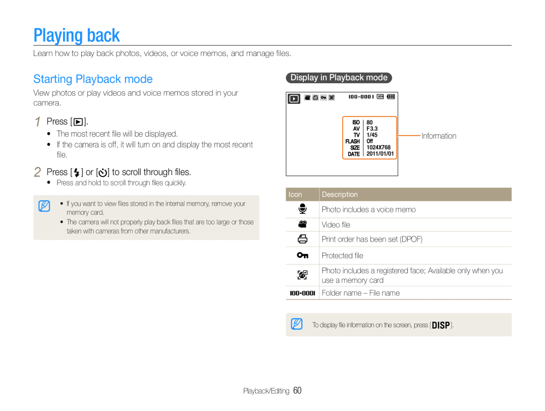 Samsung EC-ST90ZZBPSUS Playing back, Starting Playback mode, Press or to scroll through files, Display in Playback mode 
