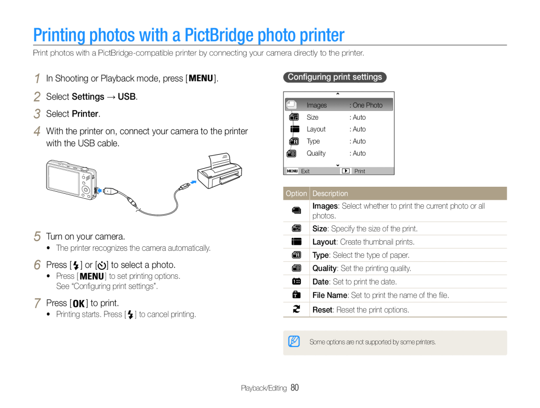 Samsung ST90 Printing photos with a PictBridge photo printer, Select Settings → USB, Select Printer, with the USB cable 