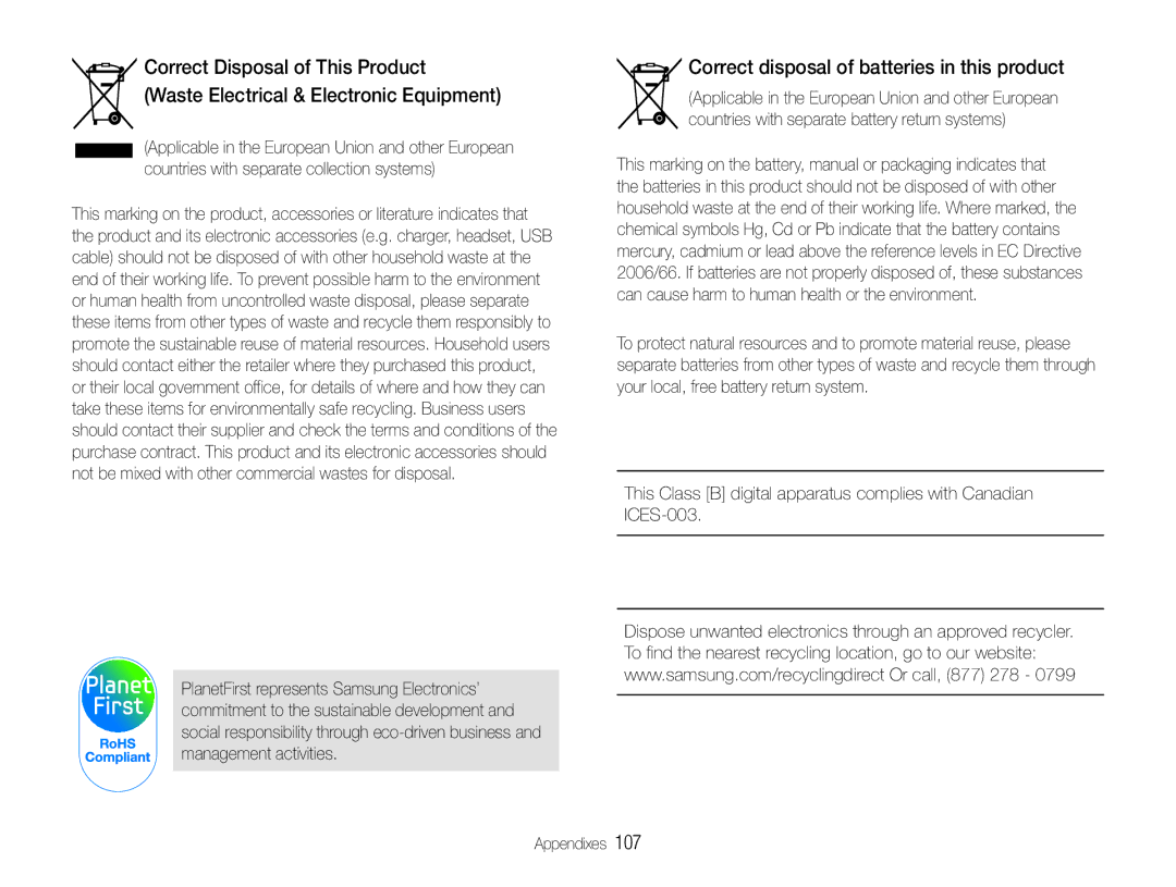 Samsung ST90, ST91 user manual Correct disposal of batteries in this product 