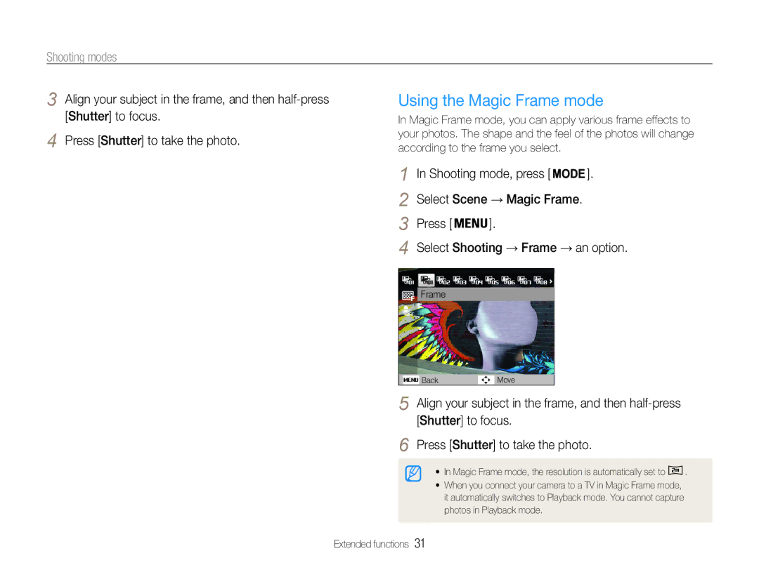 Samsung ST90, ST91 user manual Using the Magic Frame mode, Select Scene → Magic Frame, Select Shooting → Frame → an option 