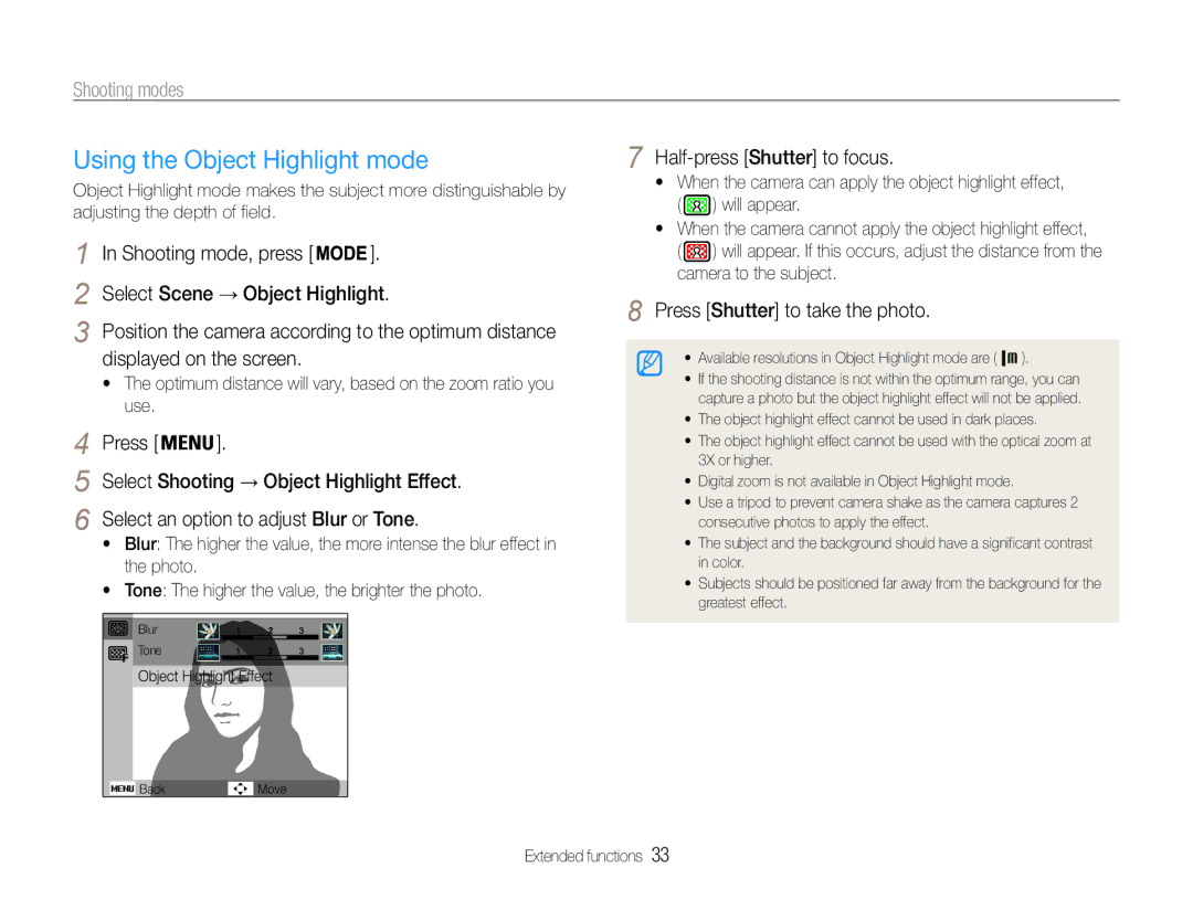 Samsung ST90, ST91 user manual Using the Object Highlight mode, Shooting mode, press Select Scene → Object Highlight 