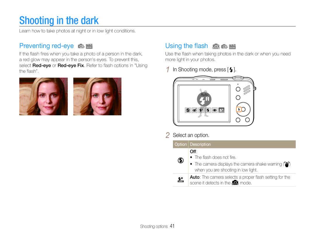 Samsung ST90, ST91 user manual Shooting in the dark, Preventing red-eye, Using the flash, Off Flash does not fire 