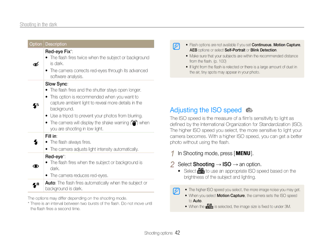 Samsung ST91, ST90 user manual Adjusting the ISO speed, Shooting in the dark, Select Shooting → ISO → an option 