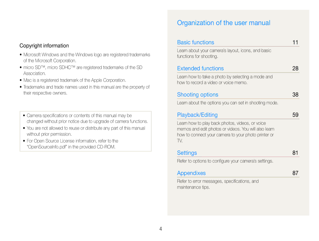 Samsung ST91, ST90 user manual Copyright information, Functions for shooting, How to record a video or voice memo 