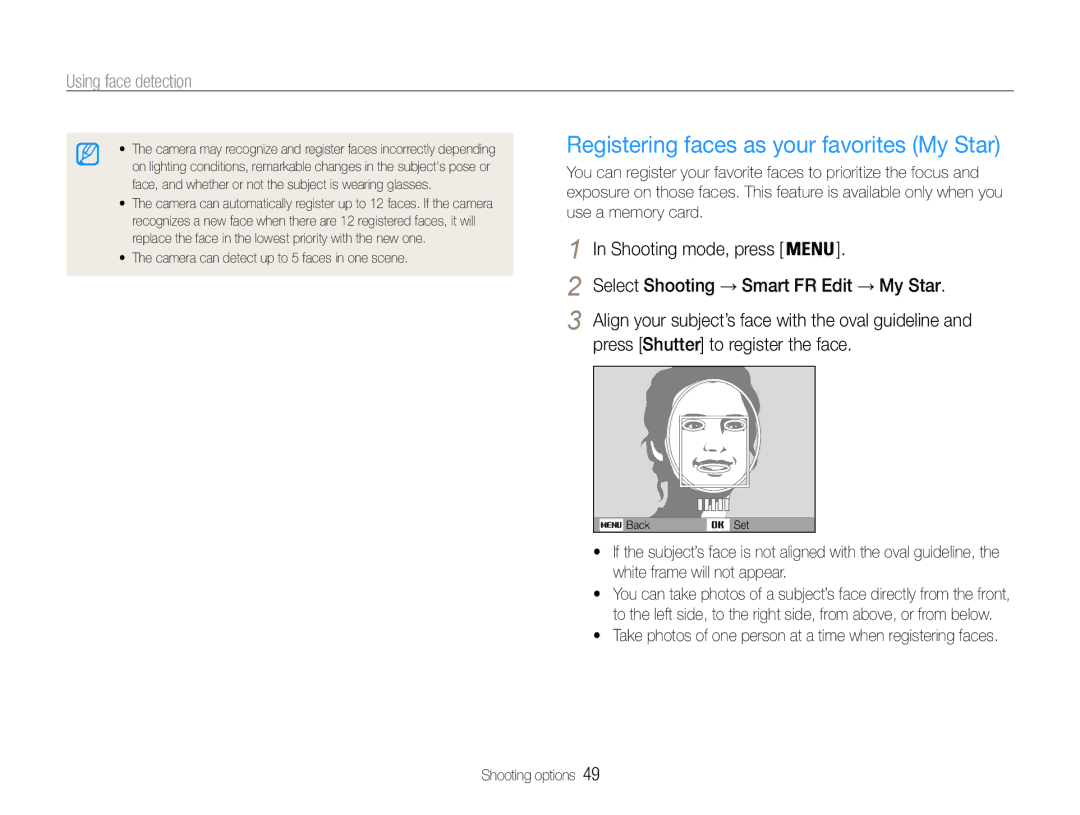 Samsung ST90, ST91 user manual Registering faces as your favorites My Star, Press Shutter to register the face 