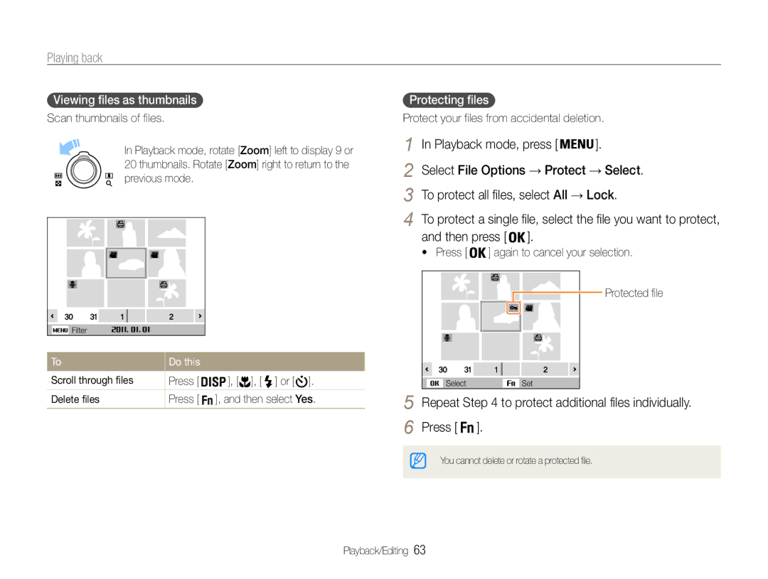 Samsung ST90, ST91 user manual Then press Press, Scroll through files, Delete files, Then select Yes 