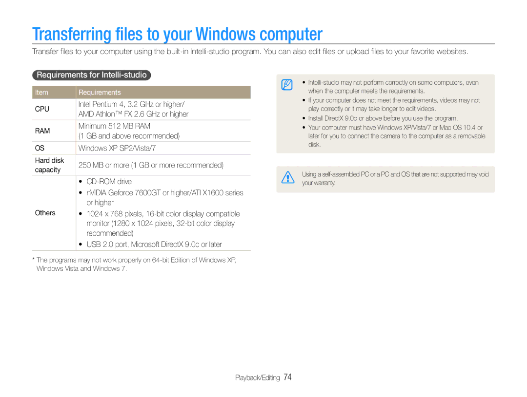 Samsung ST91, ST90 user manual Transferring files to your Windows computer, Requirements for Intelli-studio 