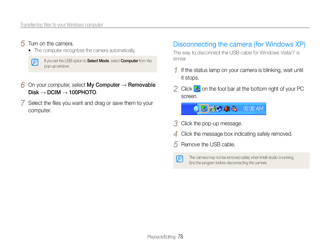 Samsung ST91, ST90 Disconnecting the camera for Windows XP, Screen Click the pop-up message, Remove the USB cable 